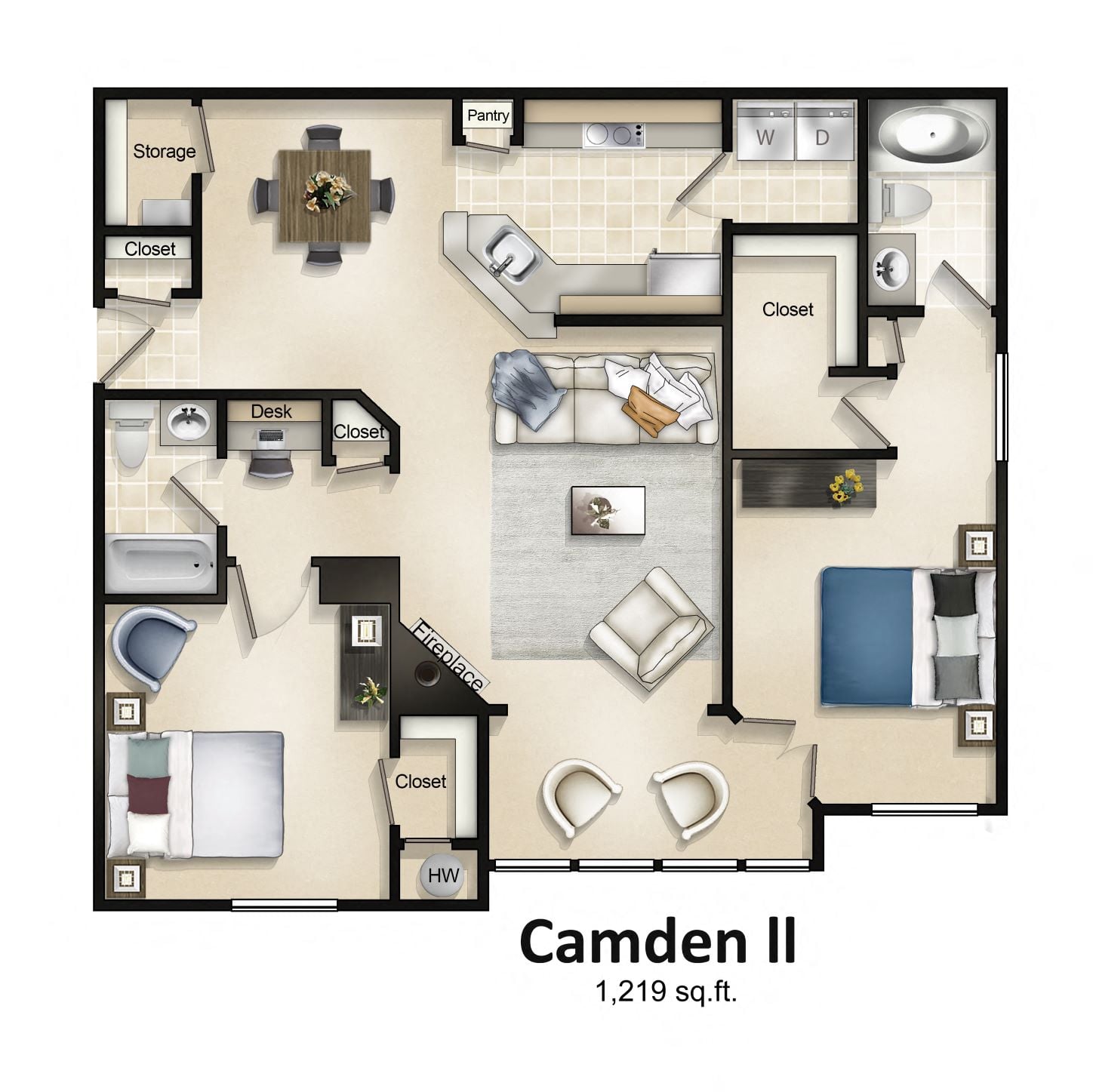 Floor plan for 2 beds, 2 baths, 1219 sqft